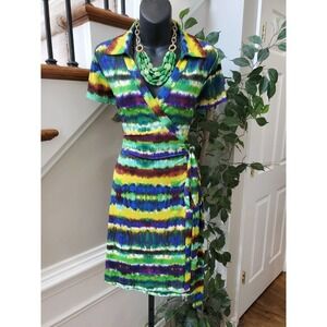 Calvin Klein Women's Multi Tie Dye Short Sleeve Wrap Collar Knee Length Dress S